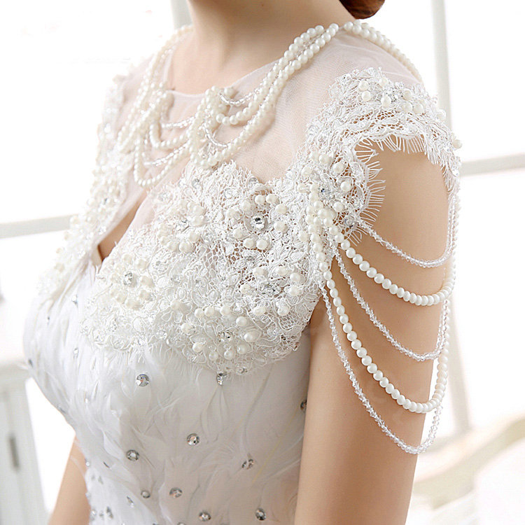 Vintage Bride Hollow Lace Flower Wedding Shawl Pearl Tassel Bridal Shoulder Chain Jewelry