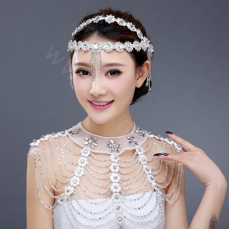 Vintage Bride Wedding Crystal Beads Tassel Necklace Bridal Lace Choker Shoulder Chain Jewelry