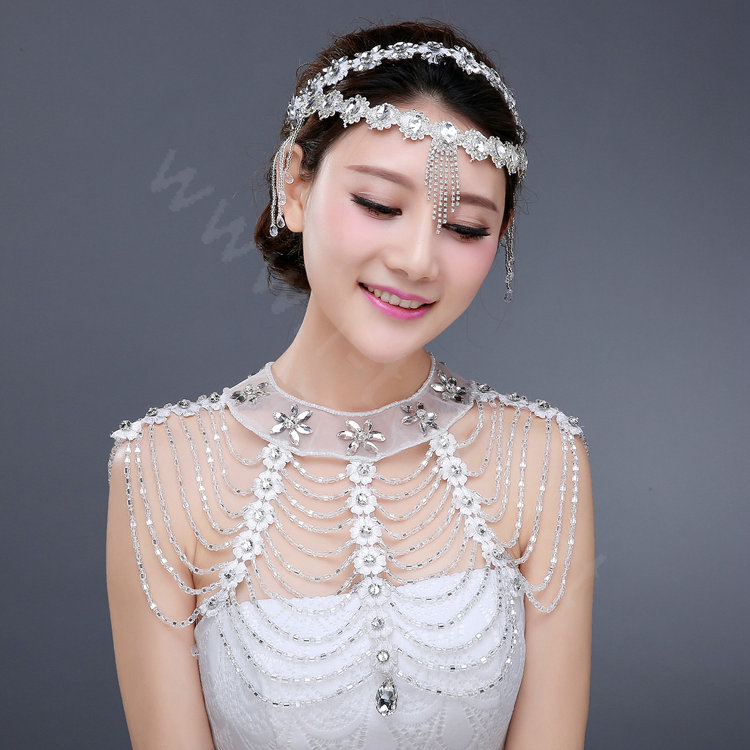 Vintage Bride Wedding Crystal Beads Tassel Necklace Bridal Lace Choker Shoulder Chain Jewelry
