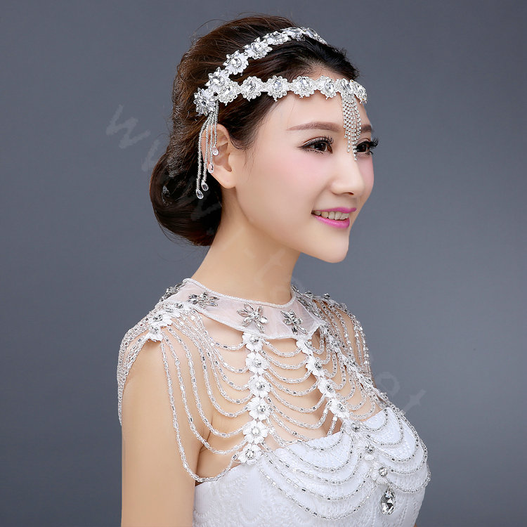 Vintage Bride Wedding Crystal Beads Tassel Necklace Bridal Lace Choker Shoulder Chain Jewelry