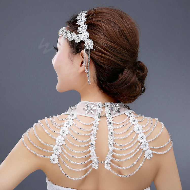Vintage Bride Wedding Crystal Beads Tassel Necklace Bridal Lace Choker Shoulder Chain Jewelry