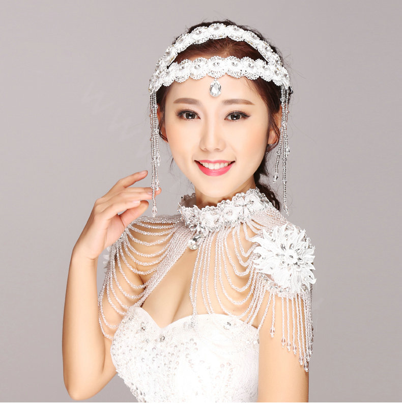 Vintage Bride Wedding Crystal Beads Tassel Necklace Bridal Lace Rhinestone Choker Shoulder Chain Jewelry