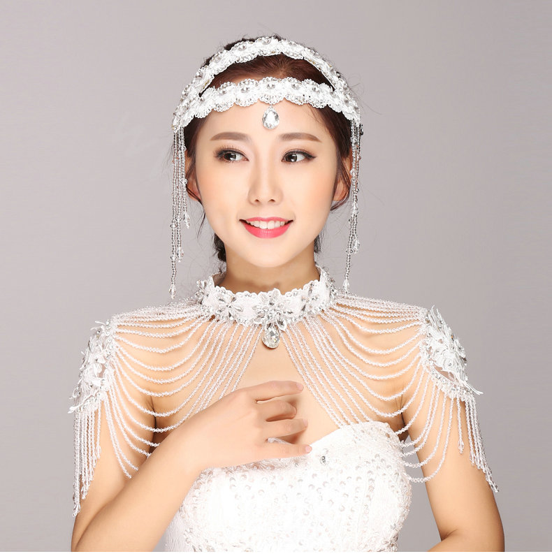 Vintage Bride Wedding Crystal Beads Tassel Necklace Bridal Lace Rhinestone Choker Shoulder Chain Jewelry