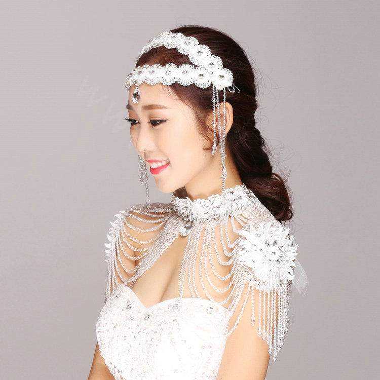 Vintage Bride Wedding Crystal Beads Tassel Necklace Bridal Lace Rhinestone Choker Shoulder Chain Jewelry