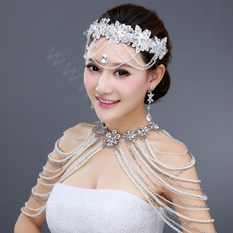 Vintage Bride Wedding Rhinestone Crystal Beads Long Pearl Tassel Bridal Choker Shoulder Chain Jewelry