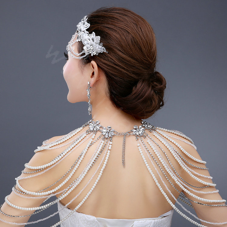 Vintage Bride Wedding Rhinestone Crystal Beads Long Pearl Tassel Bridal Choker Shoulder Chain Jewelry