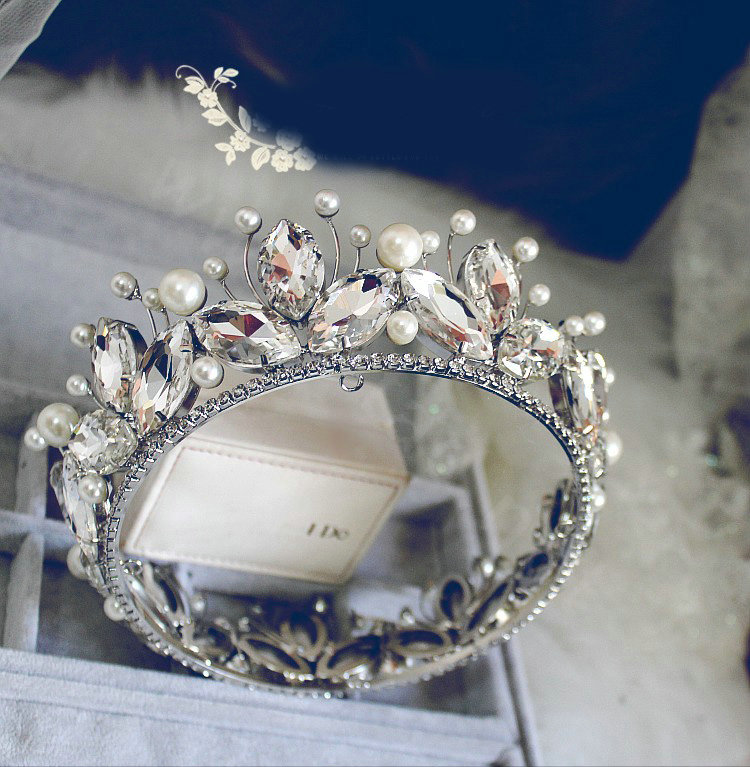 Vintage Luxurious European Style Tiaras Handmade Large Round Crystal Pearl Princess Bridal Hair Crown