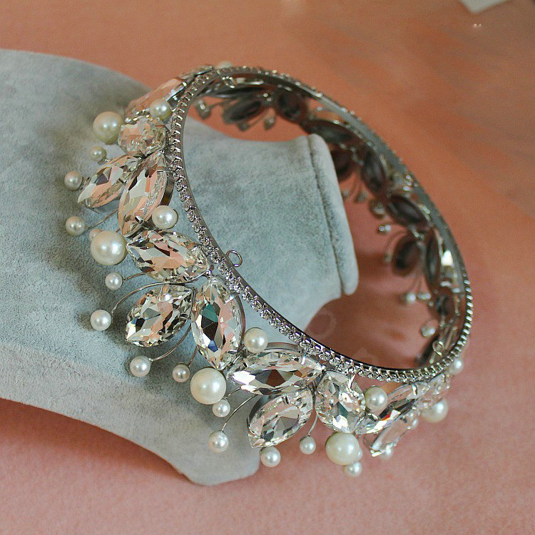 Vintage Luxurious European Style Tiaras Handmade Large Round Crystal Pearl Princess Bridal Hair Crown