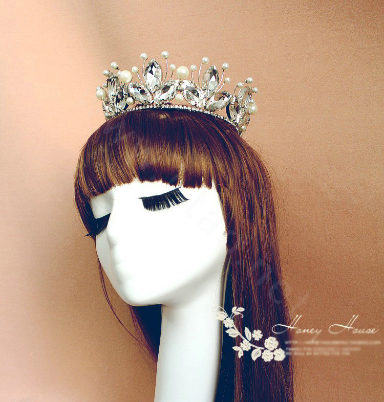 Vintage Luxurious European Style Tiaras Handmade Large Round Crystal Pearl Princess Bridal Hair Crown