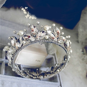 Vintage Luxurious European Style Tiaras Handmade Large Round Crystal Pearl Princess Bridal Hair Crown