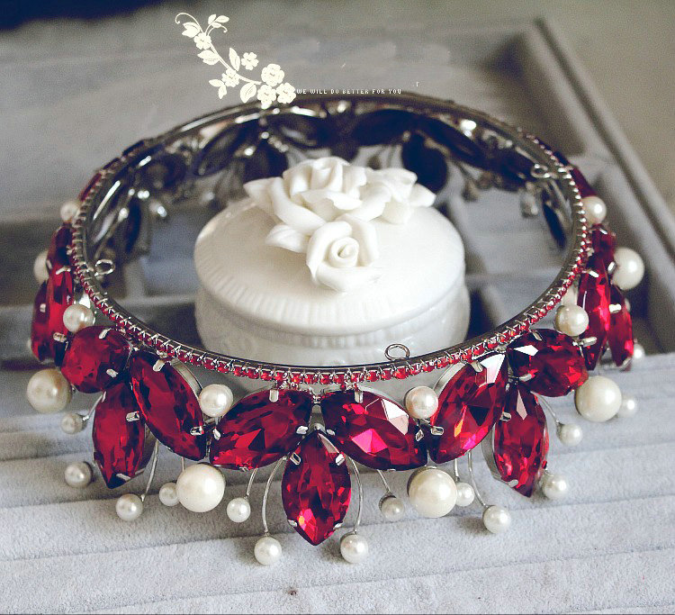 Vintage Luxurious European Style Tiaras Handmade Large Round Red Crystal Pearl Princess Bridal Hair Crown