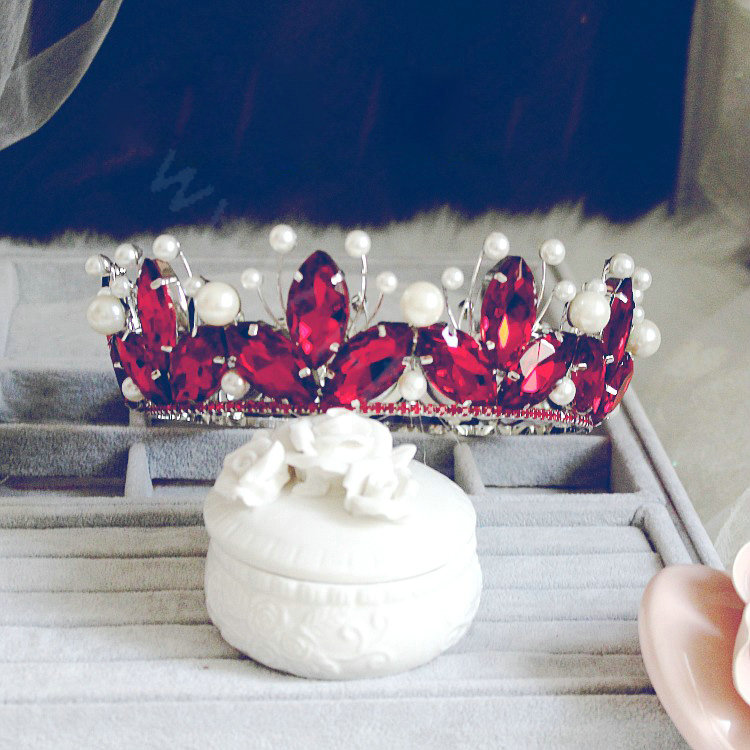 Vintage Luxurious European Style Tiaras Handmade Large Round Red Crystal Pearl Princess Bridal Hair Crown