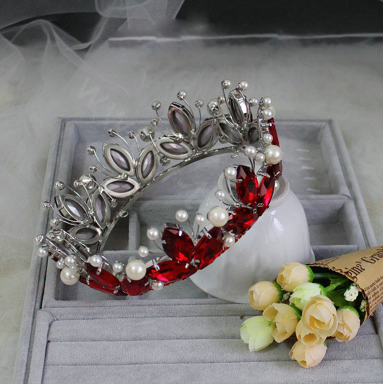 Vintage Luxurious European Style Tiaras Handmade Large Round Red Crystal Pearl Princess Bridal Hair Crown