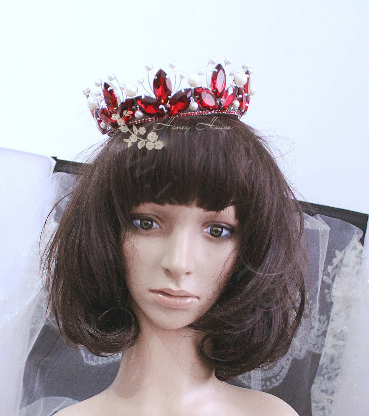 Vintage Luxurious European Style Tiaras Handmade Large Round Red Crystal Pearl Princess Bridal Hair Crown