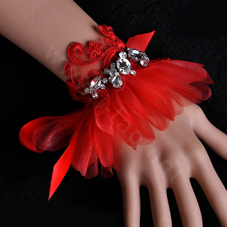 Vintage Red Lace Flower Rhinestone Bridal Wristlet Wedding Dress Perform Nail Bead Gauze Bracelet Accessories