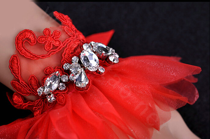 Vintage Red Lace Flower Rhinestone Bridal Wristlet Wedding Dress Perform Nail Bead Gauze Bracelet Accessories