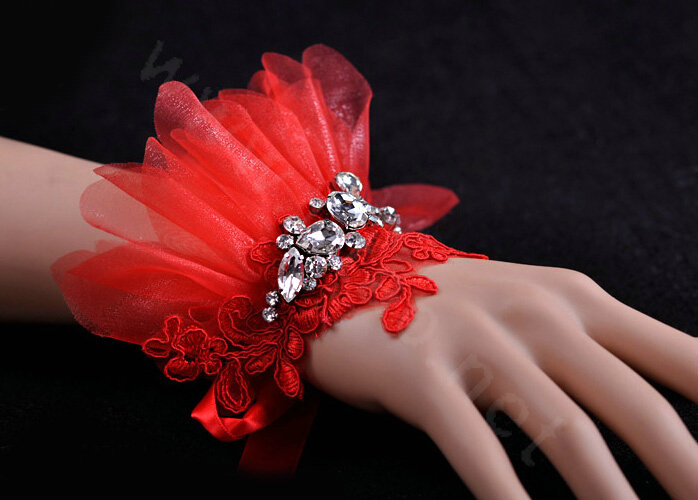 Vintage Red Lace Flower Rhinestone Bridal Wristlet Wedding Dress Perform Nail Bead Gauze Bracelet Accessories