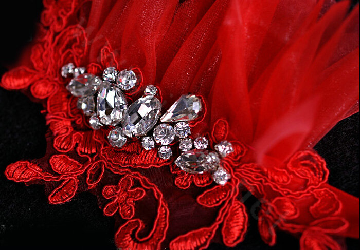 Vintage Red Lace Flower Rhinestone Bridal Wristlet Wedding Dress Perform Nail Bead Gauze Bracelet Accessories