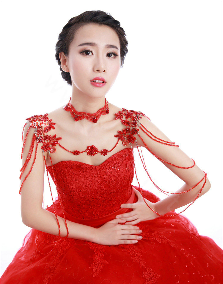 Vintage Wedding Red Lace Flower Tassel Crystal Rhinestone Bridal Necklace Chain Shoulder Strap Jewelry