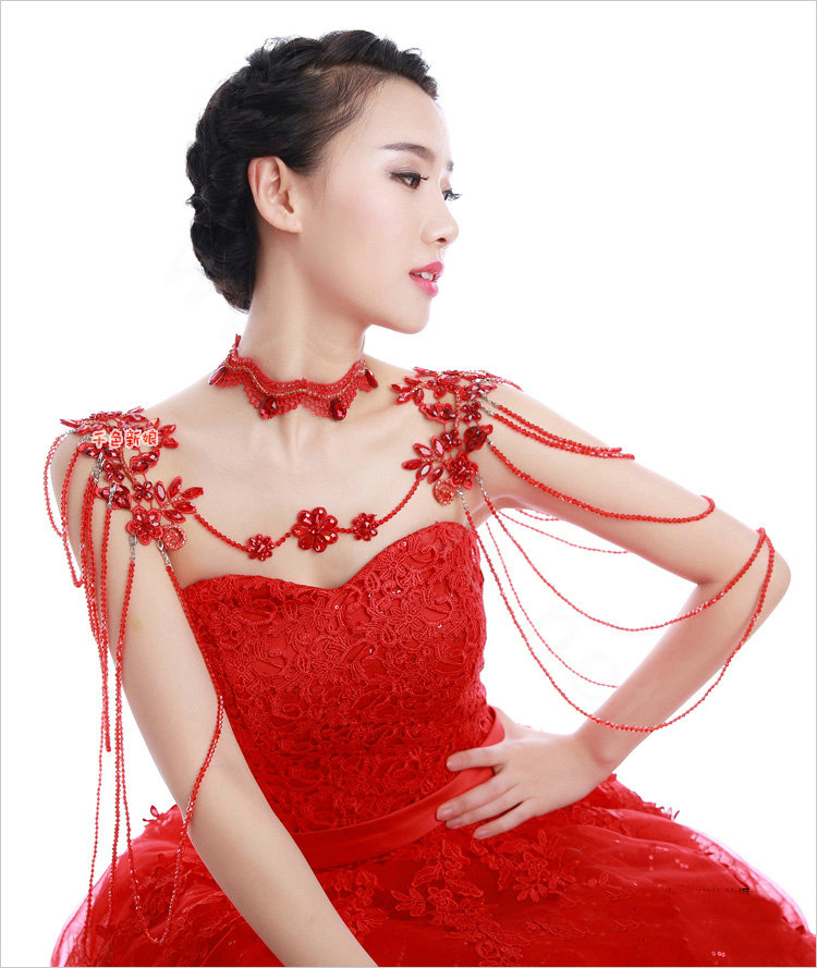 Vintage Wedding Red Lace Flower Tassel Crystal Rhinestone Bridal Necklace Chain Shoulder Strap Jewelry
