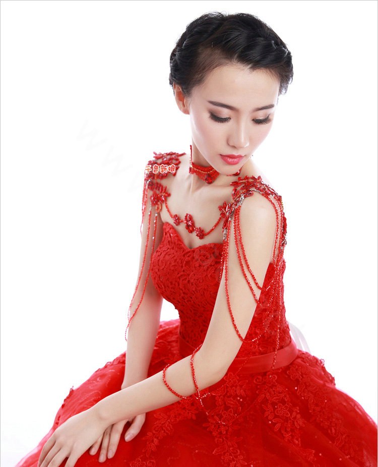 Vintage Wedding Red Lace Flower Tassel Crystal Rhinestone Bridal Necklace Chain Shoulder Strap Jewelry