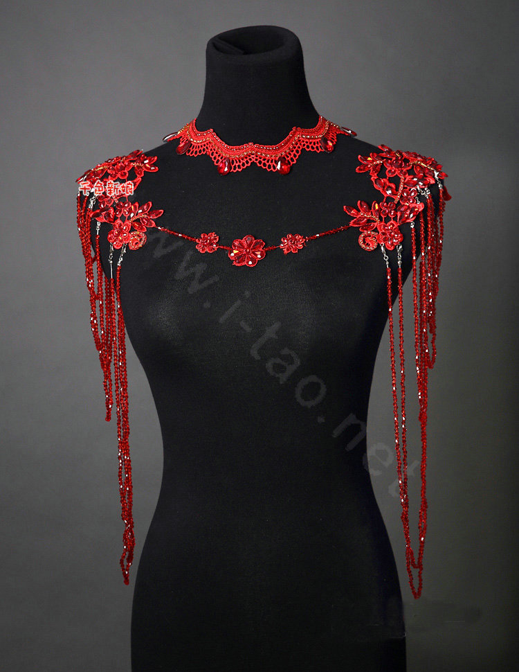 Vintage Wedding Red Lace Flower Tassel Crystal Rhinestone Bridal Necklace Chain Shoulder Strap Jewelry
