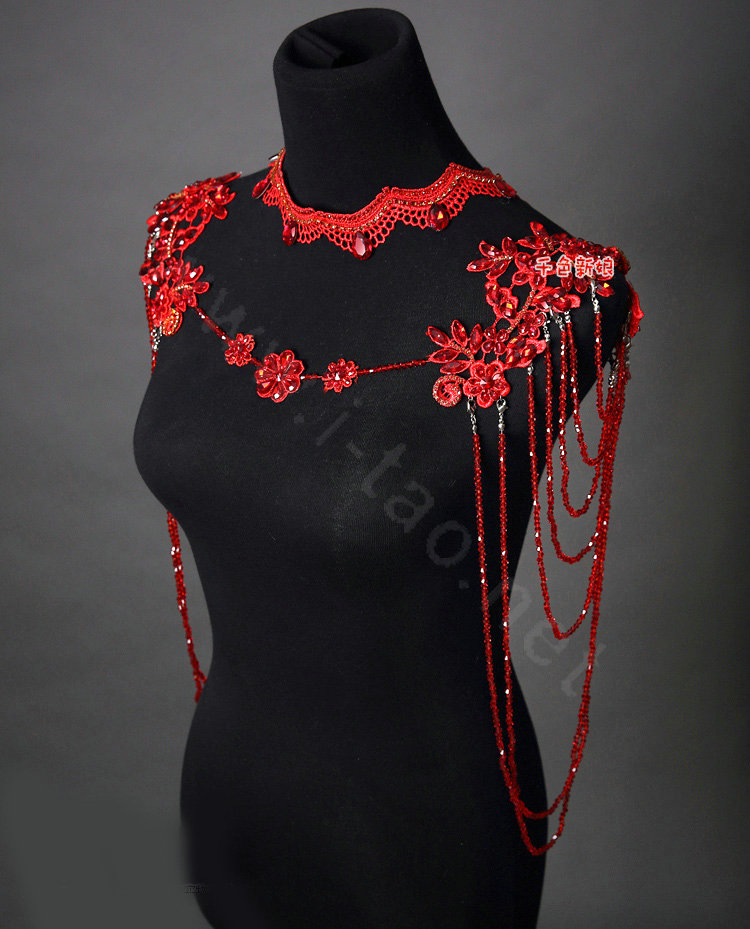 Vintage Wedding Red Lace Flower Tassel Crystal Rhinestone Bridal Necklace Chain Shoulder Strap Jewelry