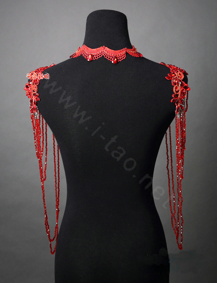 Vintage Wedding Red Lace Flower Tassel Crystal Rhinestone Bridal Necklace Chain Shoulder Strap Jewelry