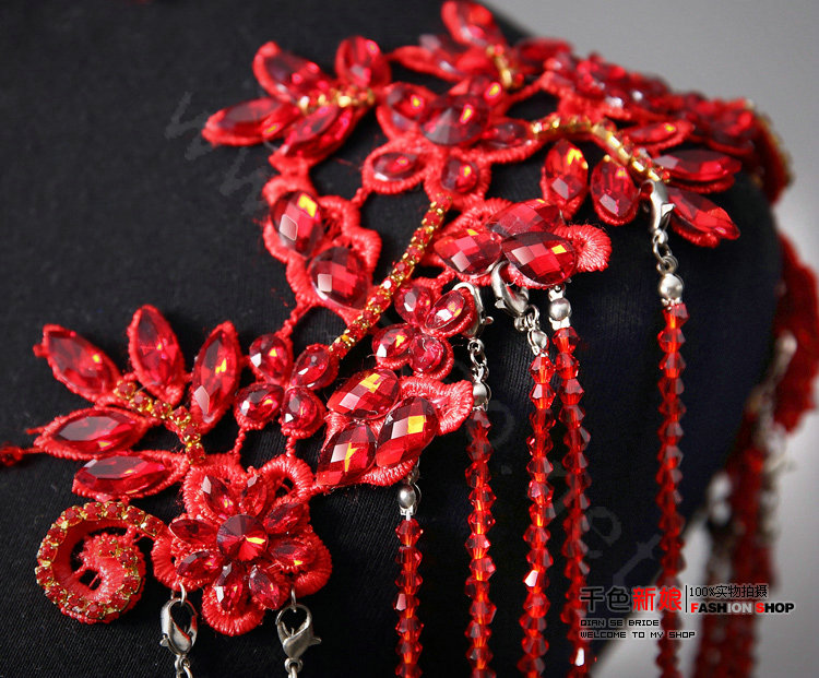 Vintage Wedding Red Lace Flower Tassel Crystal Rhinestone Bridal Necklace Chain Shoulder Strap Jewelry