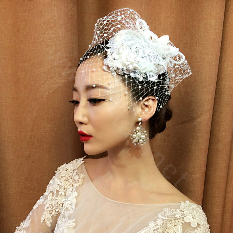 Vintage White Lace Flower Pearl Crystal Beads Bridal Fascinator Bride Wedding Dinner Party Hats Face Veils