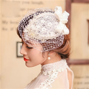 Vintage White Lace Flower Pearl Crystal Beads Bridal Fascinator Bride Wedding Dinner Party Hats Face Veils