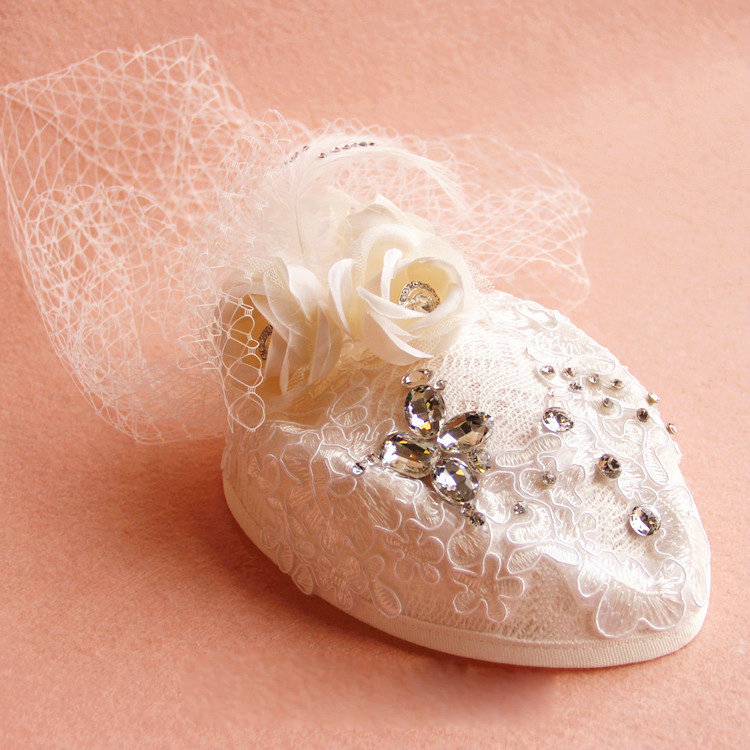 Vintage White Lace Flower Rhinestone Bridal Fascinator Wedding Dinner Party Gauze Hats Face Veils