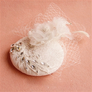 Vintage White Lace Flower Rhinestone Bridal Fascinator Wedding Dinner Party Gauze Hats Face Veils
