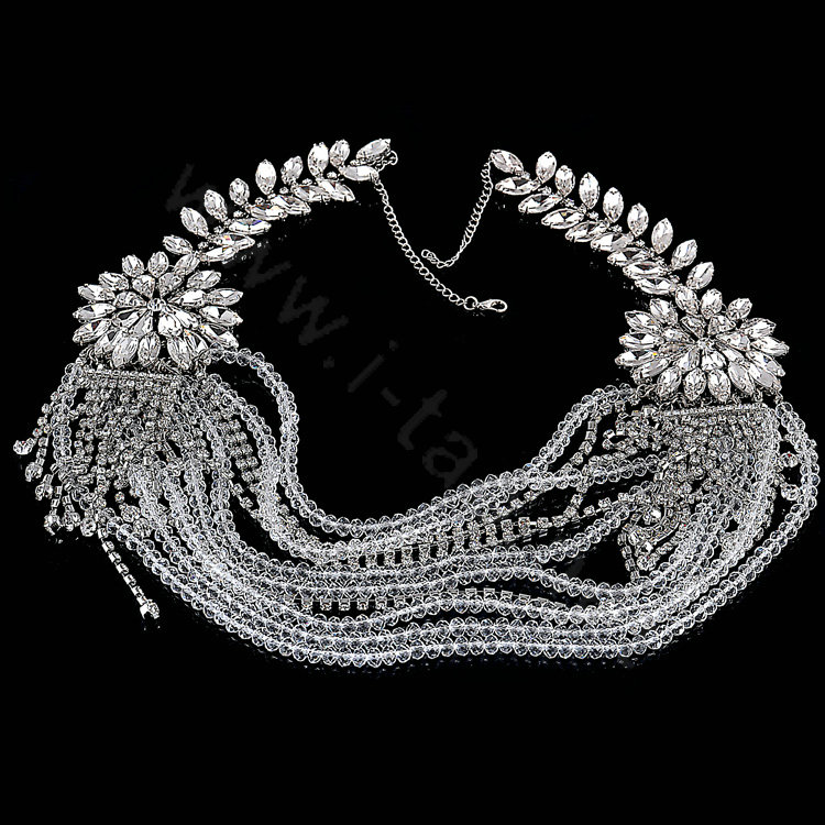 Wedding Flower Crystal Luxury Multi Layers Rhinestone Beads Bridal Shoulder Strap Necklace jewelry
