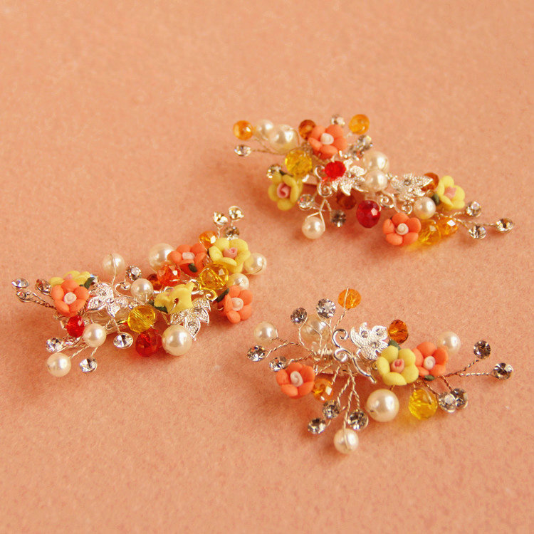 3 piece Retro Frosted Sliver Crystal Pearl Orange Flower Wedding Bridal Hair Barrettes Clip Accessories