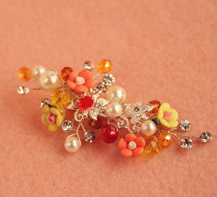 3 piece Retro Frosted Sliver Crystal Pearl Orange Flower Wedding Bridal Hair Barrettes Clip Accessories