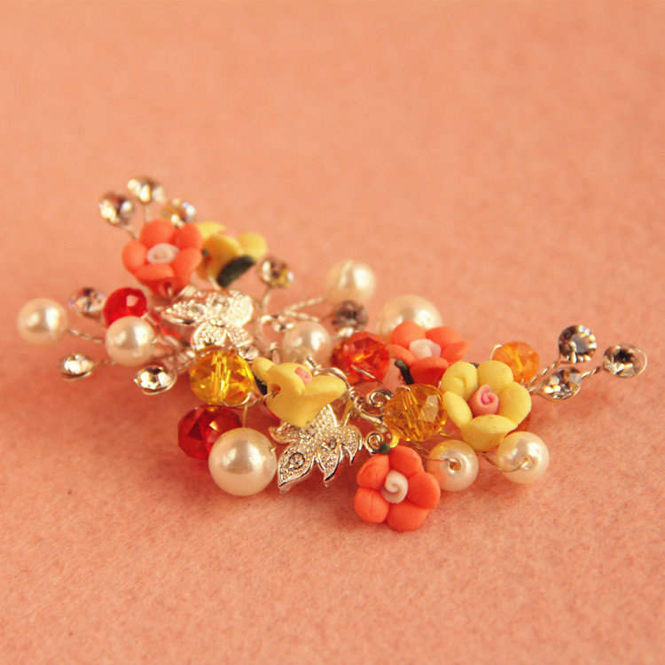 3 piece Retro Frosted Sliver Crystal Pearl Orange Flower Wedding Bridal Hair Barrettes Clip Accessories