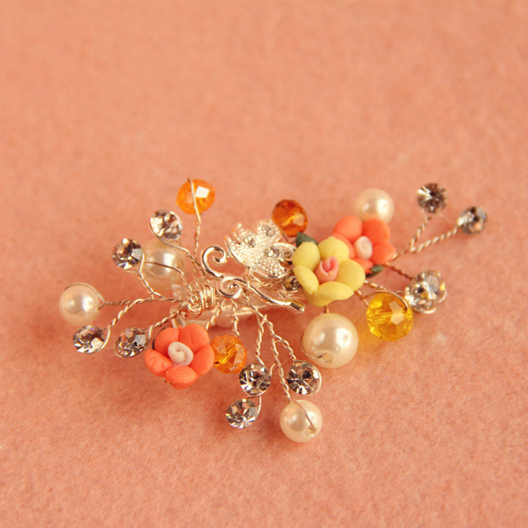 3 piece Retro Frosted Sliver Crystal Pearl Orange Flower Wedding Bridal Hair Barrettes Clip Accessories
