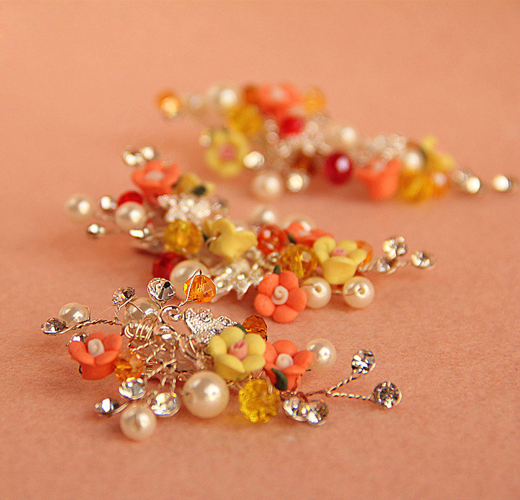 3 piece Retro Frosted Sliver Crystal Pearl Orange Flower Wedding Bridal Hair Barrettes Clip Accessories