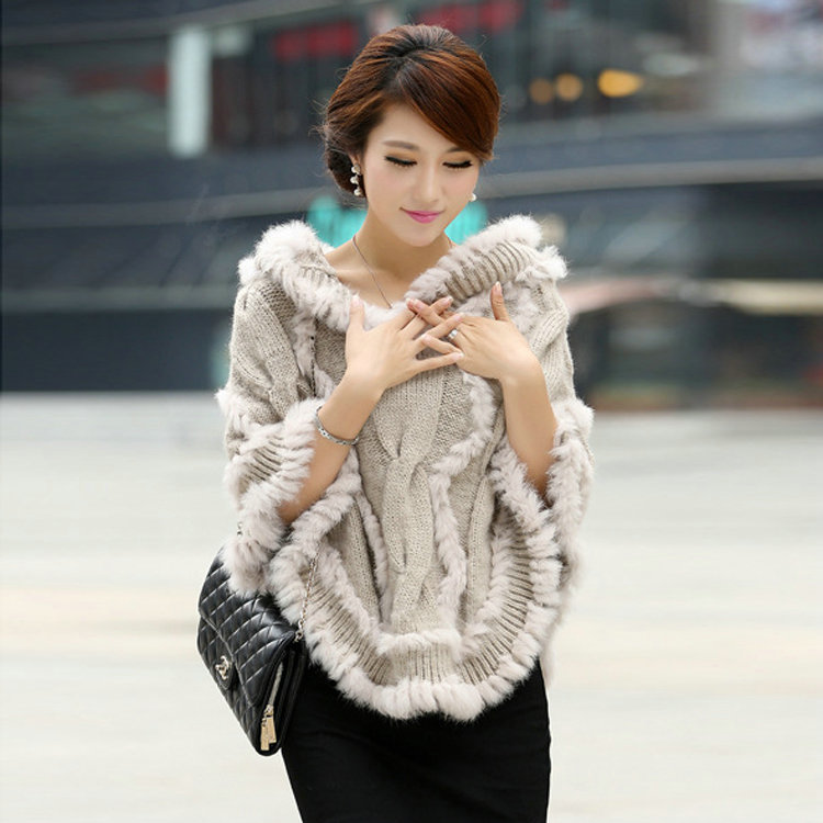 Autumn Winter Real Rabbit Fur Shawl Women Sweater Poncho With Hoody Knitted Pullovers Beige