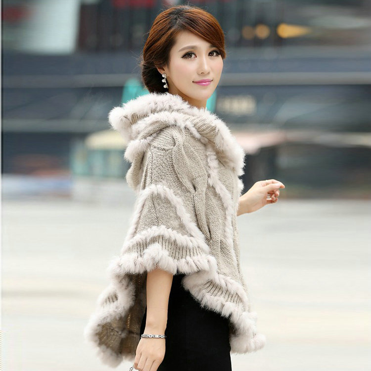 Autumn Winter Real Rabbit Fur Shawl Women Sweater Poncho With Hoody Knitted Pullovers Beige