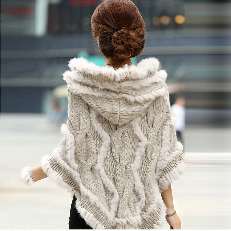 Autumn Winter Real Rabbit Fur Shawl Women Sweater Poncho With Hoody Knitted Pullovers Beige
