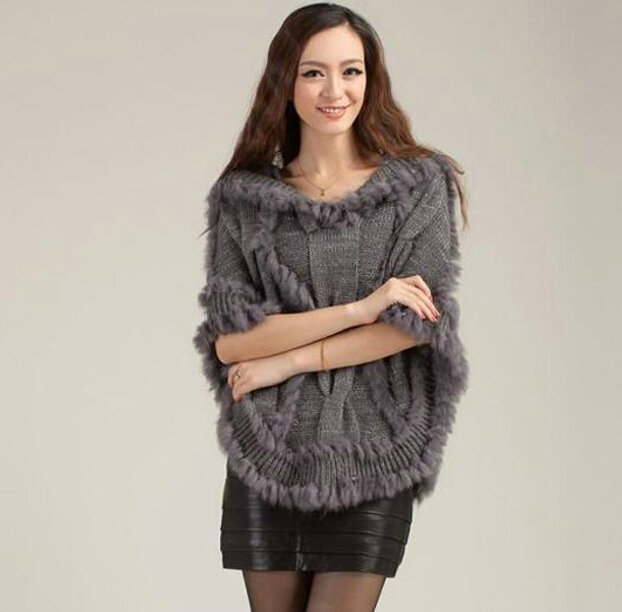 Autumn Winter Real Rabbit Fur Shawl Women Sweater Poncho With Hoody Knitted Pullovers Grey