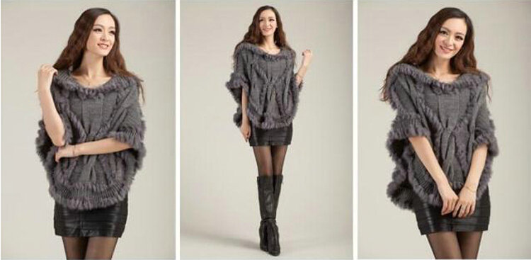 Autumn Winter Real Rabbit Fur Shawl Women Sweater Poncho With Hoody Knitted Pullovers Grey