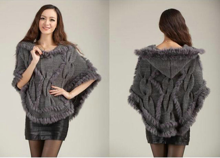 Autumn Winter Real Rabbit Fur Shawl Women Sweater Poncho With Hoody Knitted Pullovers Grey