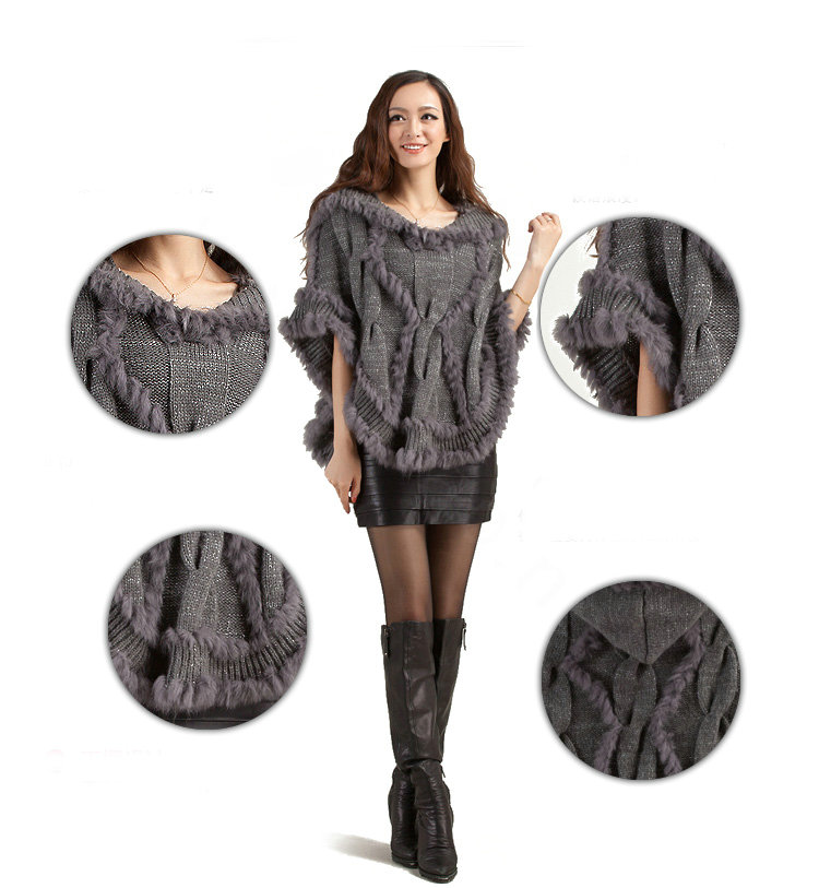 Autumn Winter Real Rabbit Fur Shawl Women Sweater Poncho With Hoody Knitted Pullovers Grey