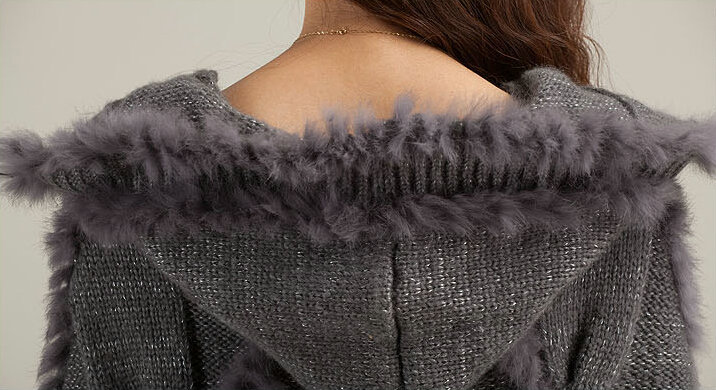 Autumn Winter Real Rabbit Fur Shawl Women Sweater Poncho With Hoody Knitted Pullovers Grey
