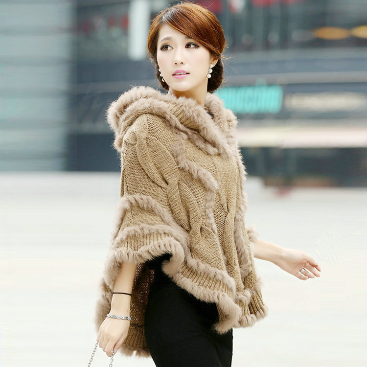 Autumn Winter Real Rabbit Fur Shawl Women Sweater Poncho With Hoody Knitted Pullovers khaki