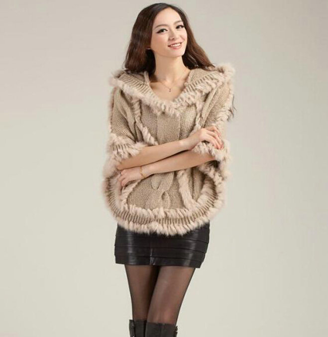 Autumn Winter Real Rabbit Fur Shawl Women Sweater Poncho With Hoody Knitted Pullovers khaki