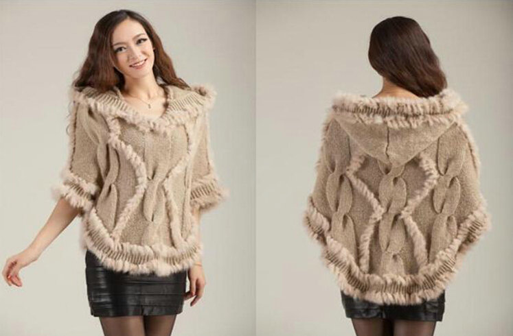 Autumn Winter Real Rabbit Fur Shawl Women Sweater Poncho With Hoody Knitted Pullovers khaki